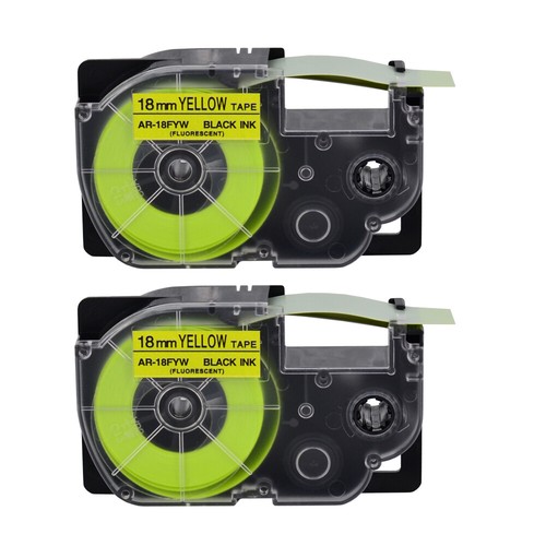 2PK Black Ink Fluorescent Yellow Tape Cartridge XR-18FYW for Casio EZ Label 18mm