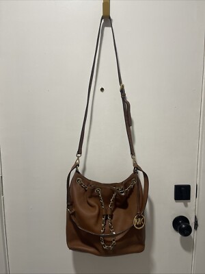 Michael Kors Frankie Brown Leather Drawstring Bag with Shoulder Strap