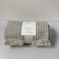 Threshold Studio McGee Woven Textural Fringe Throw Blanket Cream-Brown New