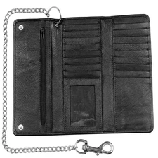 Genuine Black Cowhide Leather Chain Wallet, Biker Trifold Long Chain Motorcycle