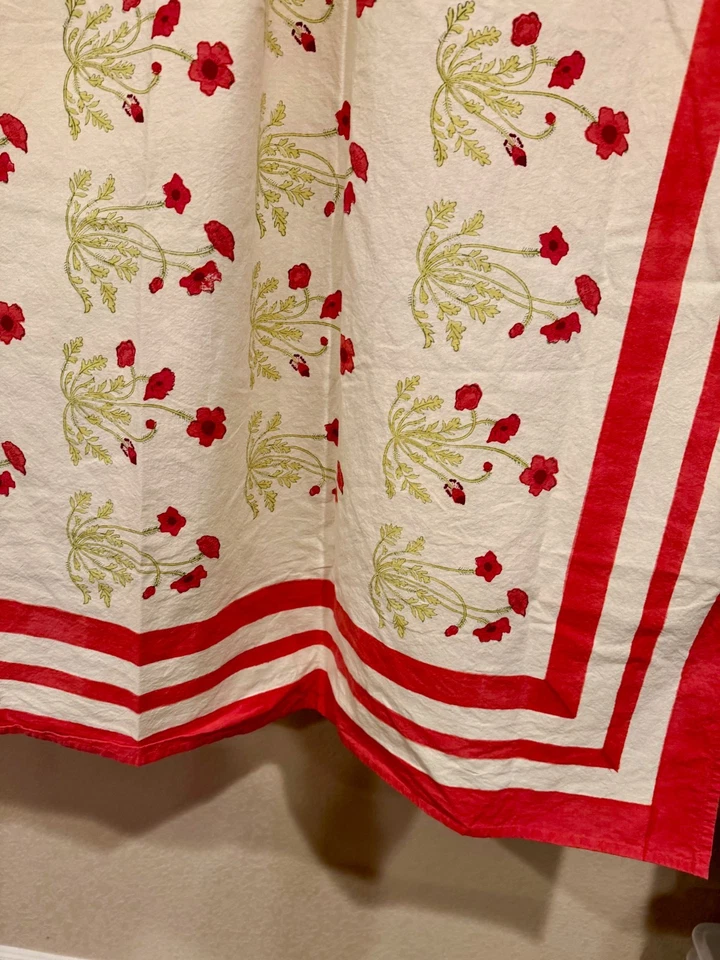 VTG Couleur Nature 71" Square Red Poppy Floral Handblock Table Cloth Cottagecore - Image 3 of 4