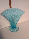 Vintage Fenton Blue Opalescent Hobnail Fan Vase Glass Ruffled Crimp Edge 8" x 8"
