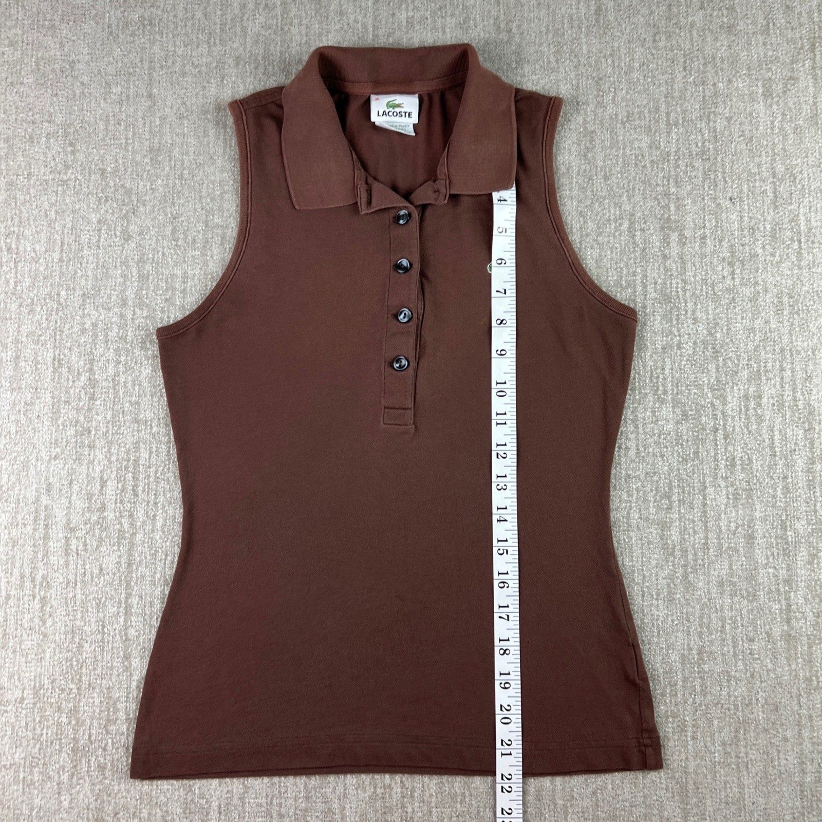 Lacoste Sleeveless Polo Shirt Womens 36 Brown Preppy Cotton Stretch Tennis Y2K thumbnail 6