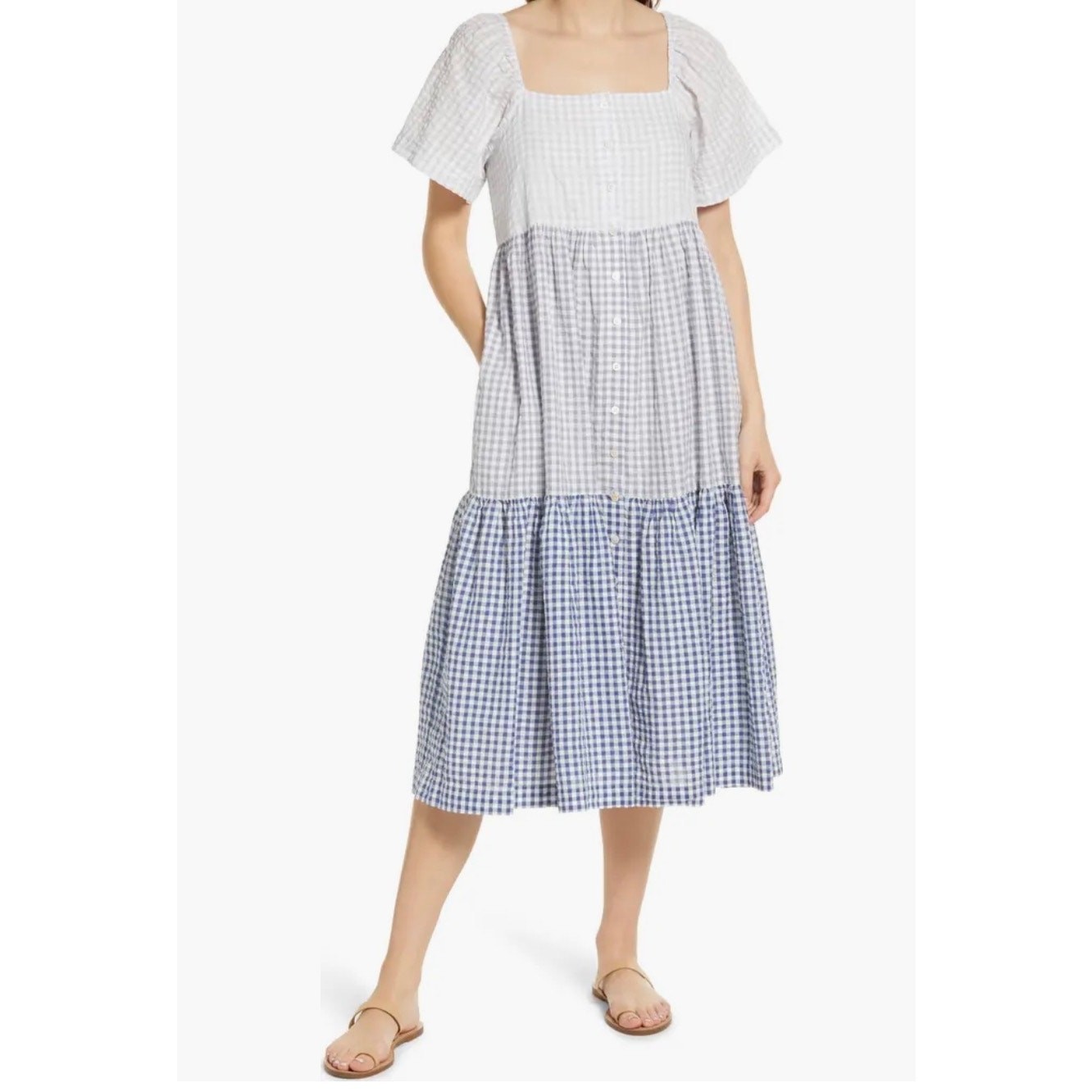 Madewell Patchwork Gingham Button Front Tiered Mi… - image 1