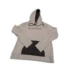 Bebe Sport Hoodie Womens XL Gray Studded Logo Satin Pocket Thumbhole Pullover