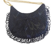 Black Beaded Vintage Purse Evening Bag Korea Double Chain Strap Lined Tassels