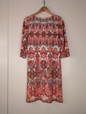 London Times Dress Womens 8 Coral Peach Paisley Spring 3/4 Sleeves Below Knee