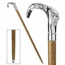 Silver Lion Head Walking Stick Roaring Animal Handle Light Wood Cane Men Gift
