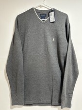 POLO - MEN'S V-NECK LONG SLEEVE SWEATER GRAY w/ WHITE TRIM MEDIUM - NEW w/ TAGS