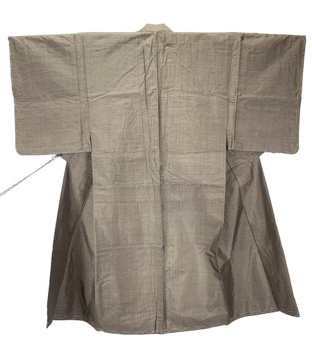 Unused Japan Mens Kimono Silk Tsumugi Gray Brown Plaid Robe Duster Coat Petite
