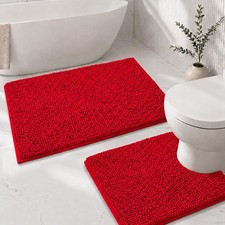 2 PCS Red Chenille Bathroom Rugs Set 20x32  20x20 Inch U Shape Bath Mats