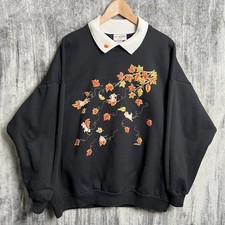 Vintage 90s Morning Sun Grannycore Sweatshirt Black Autumn Leaves Size 3XL