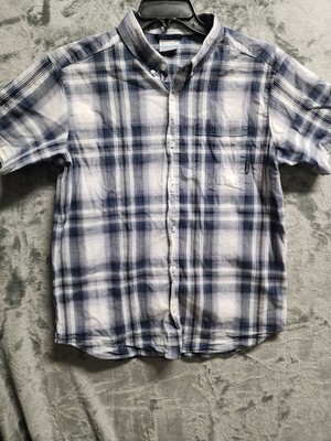 Columbia Men's L Blue White Gray Plaid Short Sleeve Button-Up Shirt