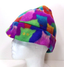 DAY GLO RAINBOW CATS POLAR FLEECE BEANIE / SKULL CAP WINTER HAT h88cr
