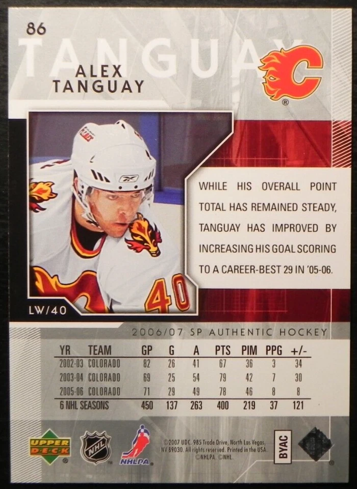 2006-07 06/07 SP Authentic #86 Alex Tanguay Calgary Flames - Image 2 of 2