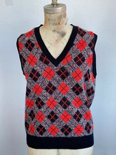 1980s-90s Sleeveless Sweater Vest with Black and Red Plaid Pattern, V-neck