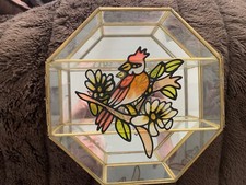 Vtg Faux Stained Glass, Mirror  Brass Wall Miniature Curio Cabinet, 2 Shelves