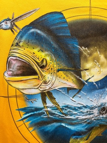 FH Davis Performance Long Sleeve Yellow T-Shirt Fish & Ocean Graphic Medium New - Picture 6 of 13