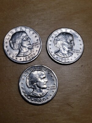 1980 Susan B. Anthony $1 Coins P/D/S Set Circulated. Stock Photo