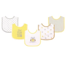 Luvable Friends Baby Cotton Terry Drooler Bibs with PEVA Back 5pk, Owl