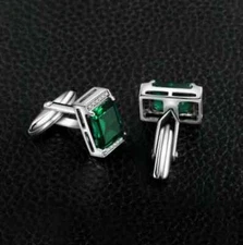 3 CT Emerald Cut Lab Created Green Emerald Men's Cufflink 14K White Gold Plated.