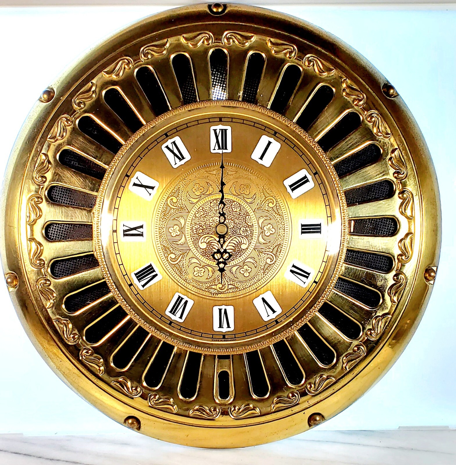 Vintage BRASS Round Wall Clock 13" Roman Numerals made in Germany