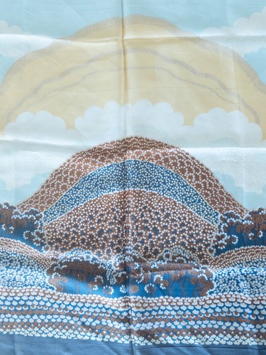 1970s Silk Scarf Navy, Brown, Beige with Sun Setting over Mountain and Trees - Picture 2 of 2