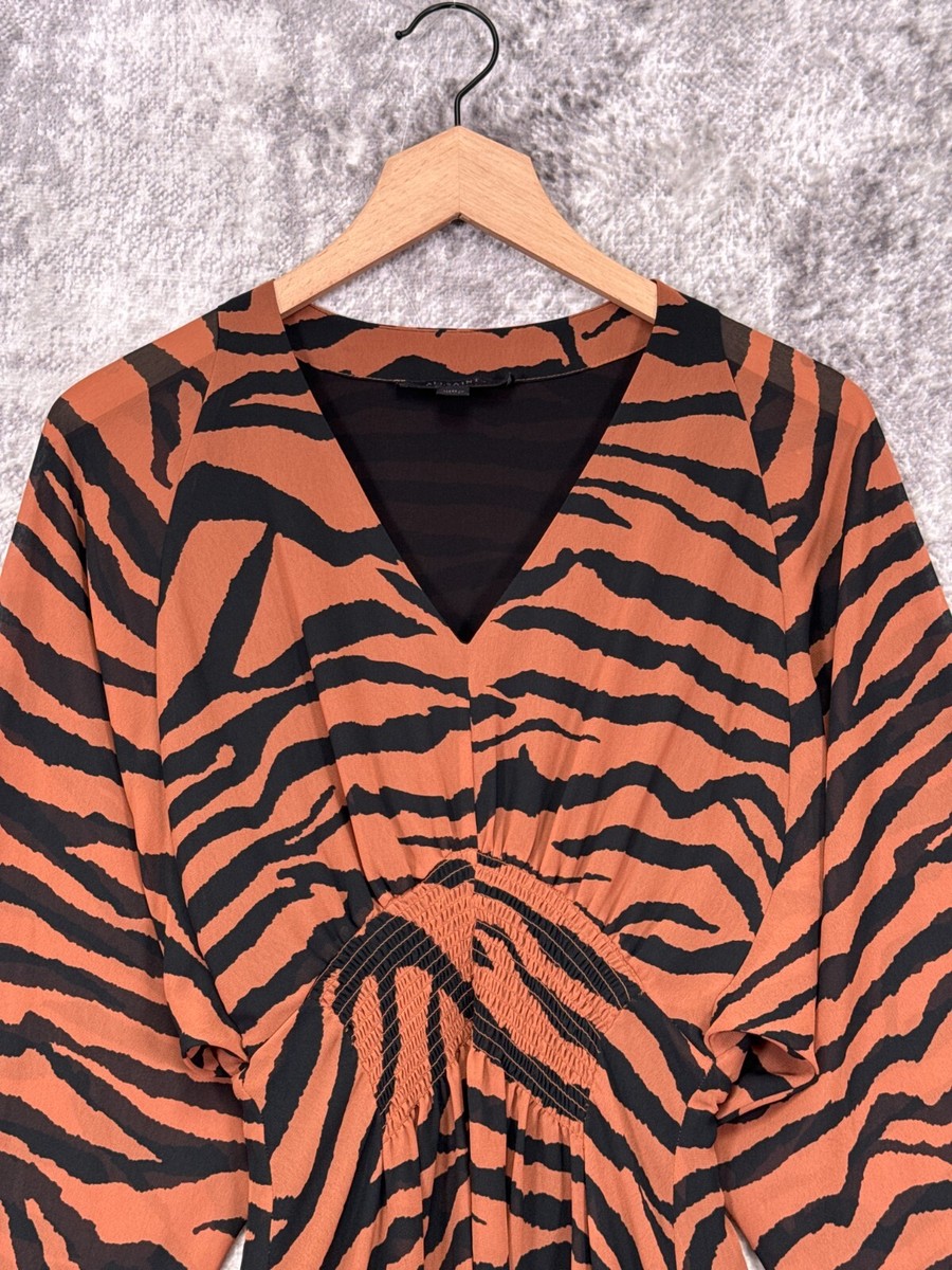 All Saints Dress XS Womens Brown Tiger Stripe Smocked Long All Saints Dress XS Womens Brown Tiger Stripe Smocked Long
