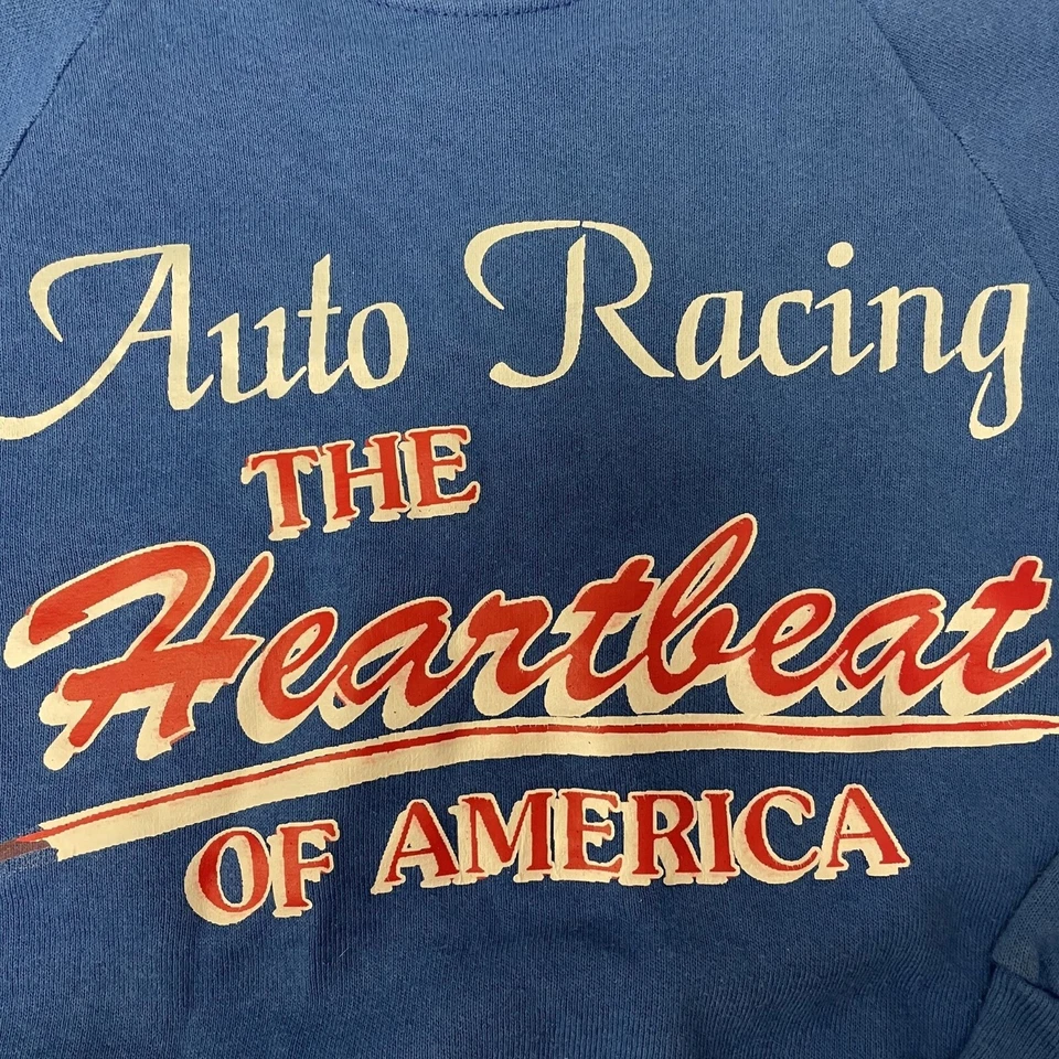 Vtg 70's Blue AUTO RACING Heartbeat of America 50/50 RAGLAN Sweatshirt USA Youth - Image 2 of 4