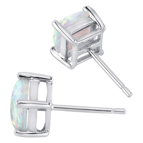 14K White Gold Cushion Cut Created Opal Stud Earrings - Picture 3 of 5