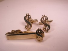 Dollar Sign Money Gold Tone Vintage SWANK Cuff Links Tie Bar Clip