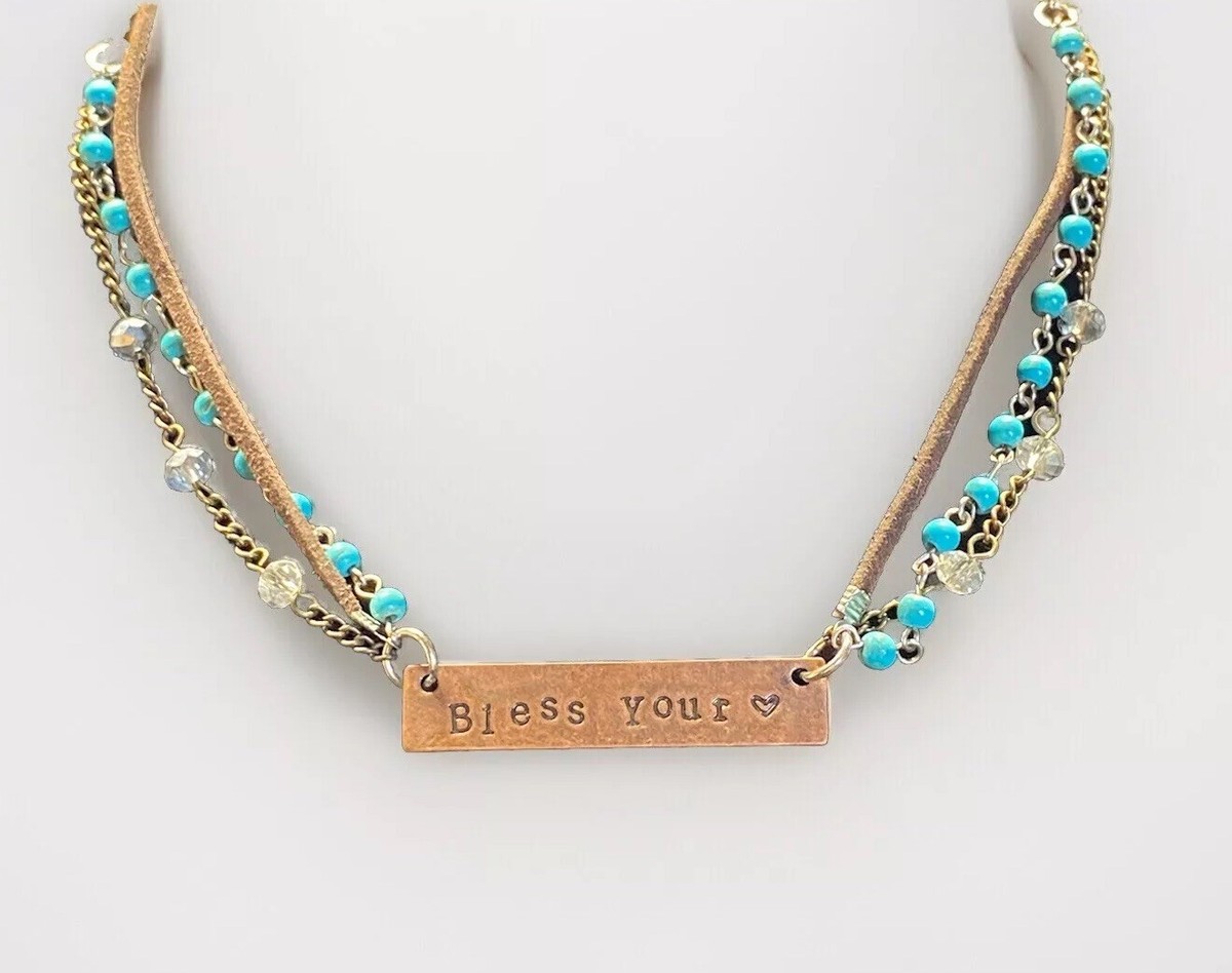 Bless Your Heart Copper Tone Pendant Multi Strand Necklace Beaded Leather