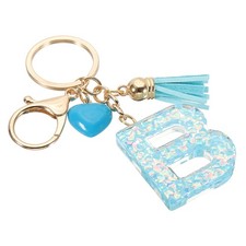 Initial Letter Keychain, Letter B Heart Design Charm with Tassels, Blue