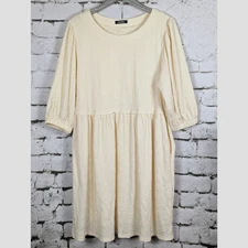 Crinkle Gauze Baby Doll Empire Waist A-Line Dress French Vanilla Size Large 