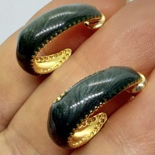 Vtg Dark Green Enamel J Hoop Goldtone Huggie Earrings Post