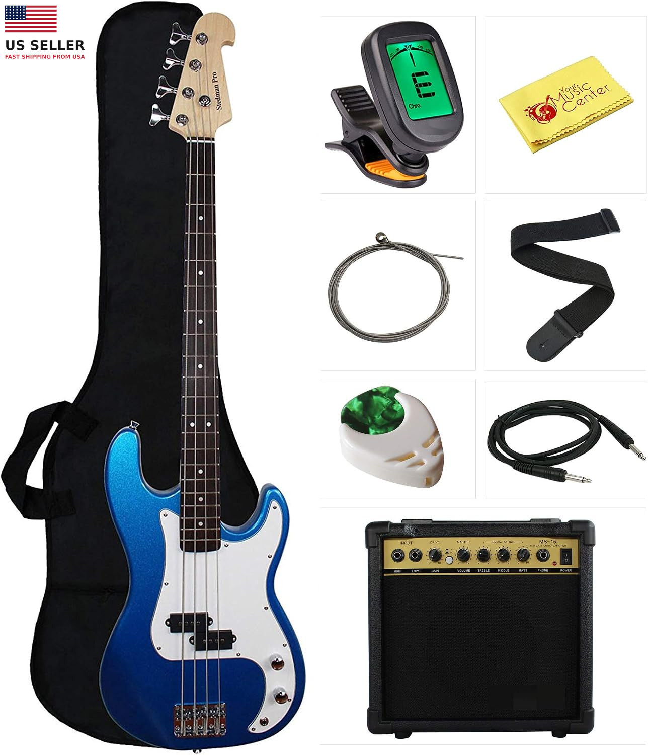 Stedman Beginner Series Bass Guitar Bundle with 15-Watt Amp, Gig Bag, Instrumen