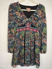 Flying Tomato M Paisley Bohemian Short Dress V-Neck Balloon Long Sleeve