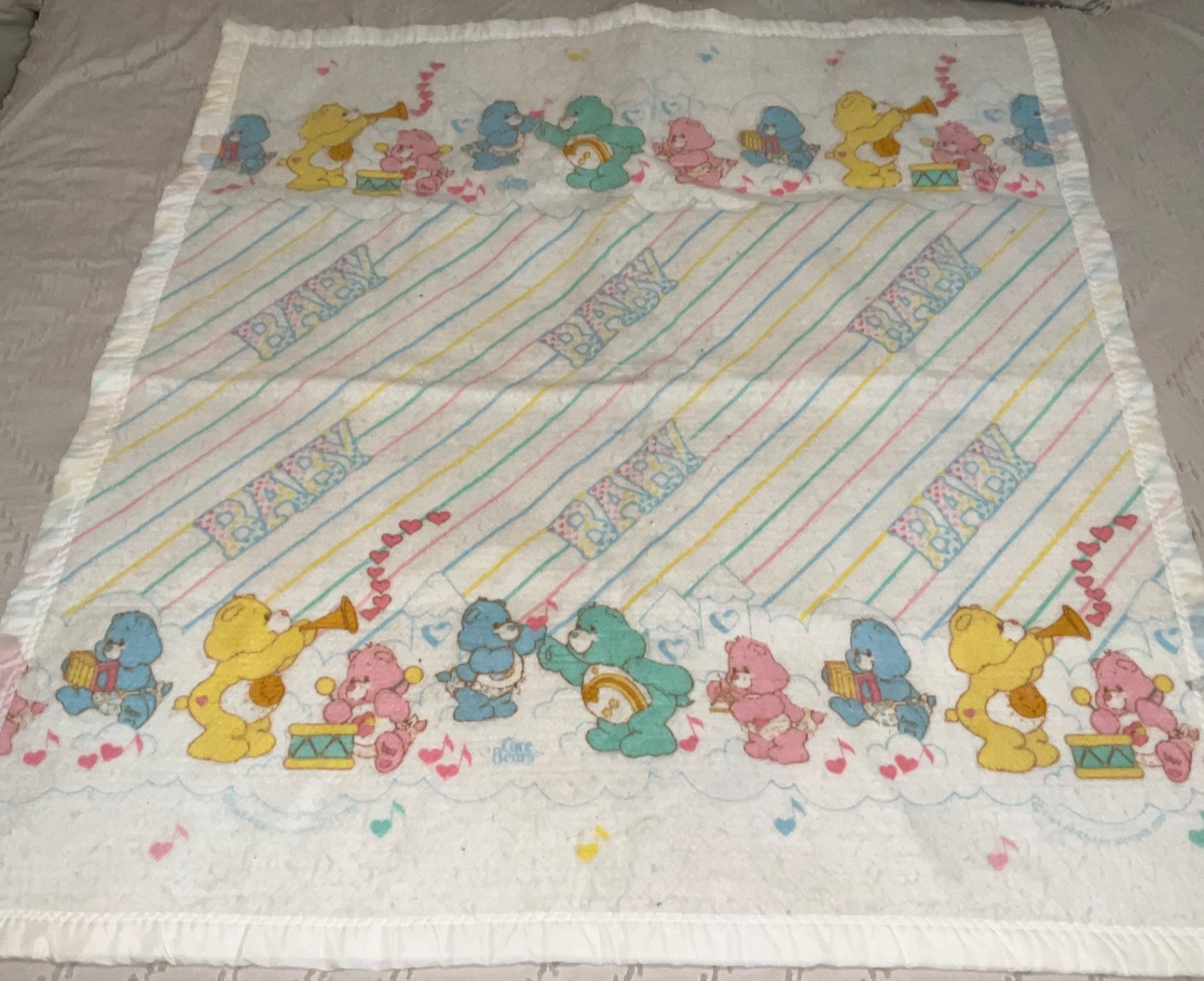 Vintage 1983 Care Bears Crib Baby Blanket Curity  Made In USA 44