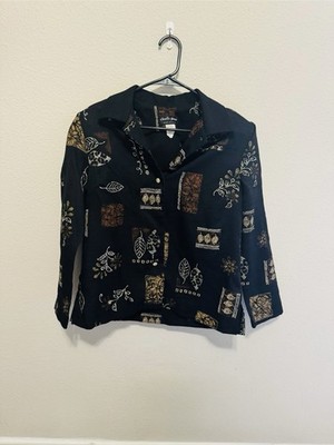 chad's place Black Brown Floral Collared Long Sleeve Button-Up Top Size 10P