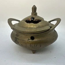 Antique Brass Chinese Incense Burner Tripod Marked w/ Handles marked & lid 