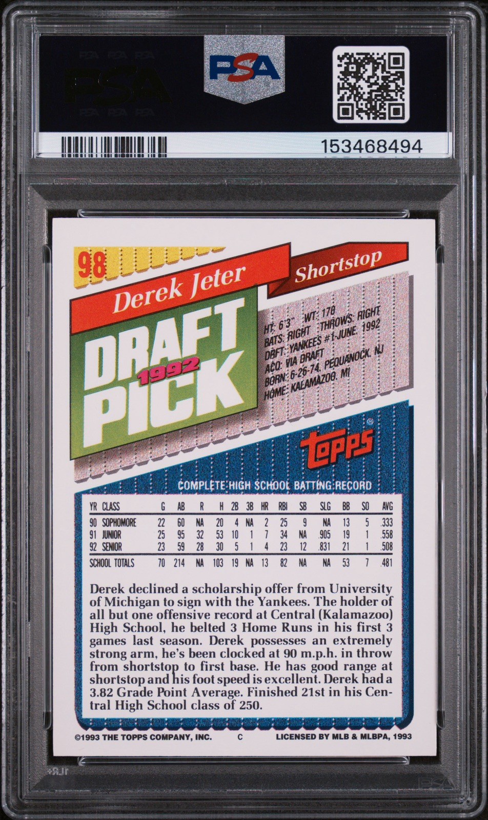 Topps 1993 Topps Derek Jeter RC #98 1992 Draft Pick PSA 2 Yankees view 2