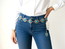 Vintage Style Turquiose Concho Belt Silver Bohemain Women Waist Accessories.