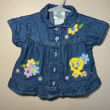  VTG Baby Looney Tunes Denim Top 6-9M Tweety Bird Embroidered Button Shirt Y2K