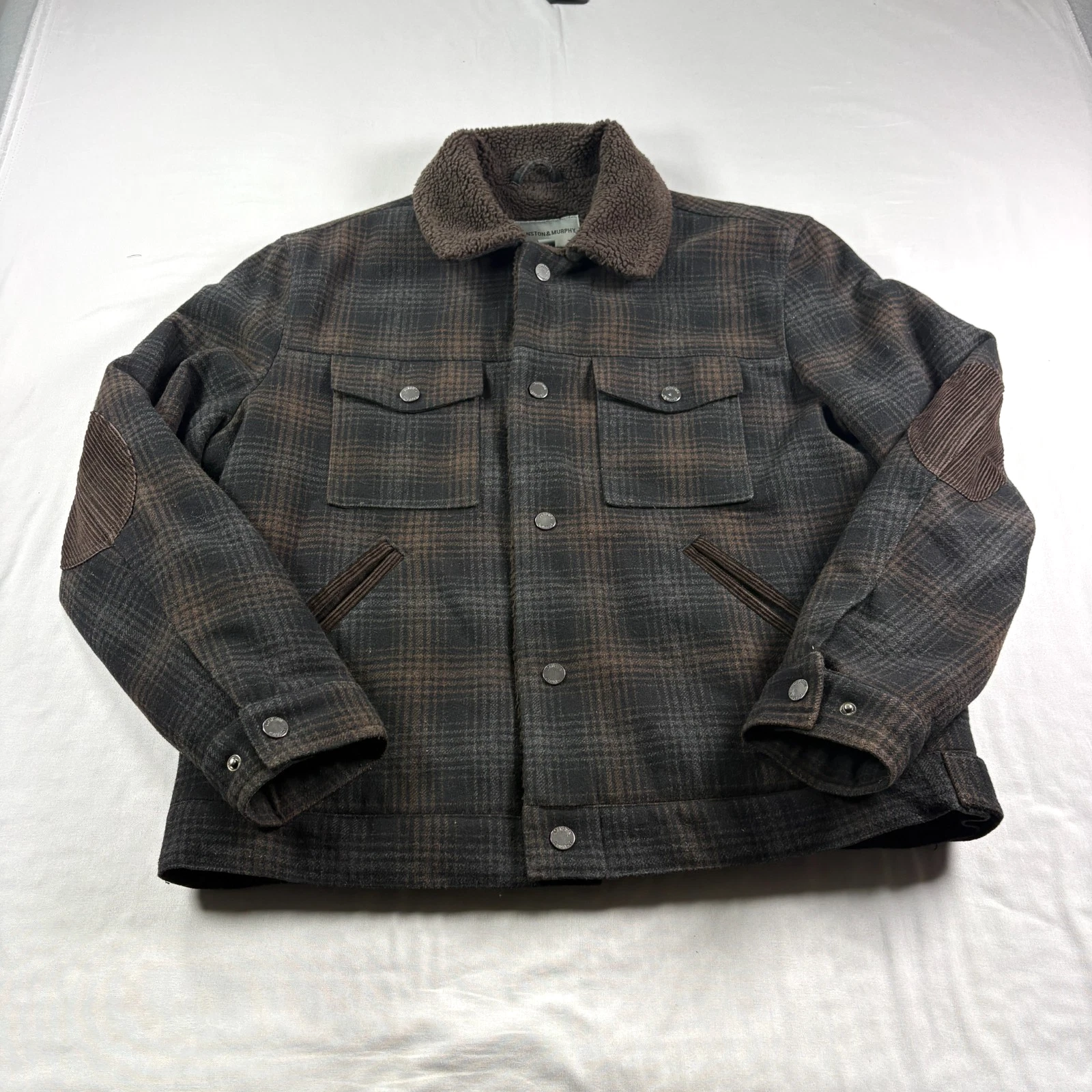Johnston Murphy Jacket Mens L Plaid Wool Blend Fleece Lined Coat Elbow Patch  image 1