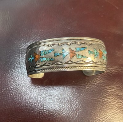 Vintage Gibson Gene Navajo Sterling Turquoise/Coral Inlay Cuff  38g