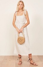 REFORMATION Elliot Midi Dress Linen Cream Striped Square Neck in Vista XS