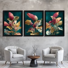 Tropical Leaf Wall Art Set of 3 Prints Teal, Gold & Coral Botanical Artwork Set