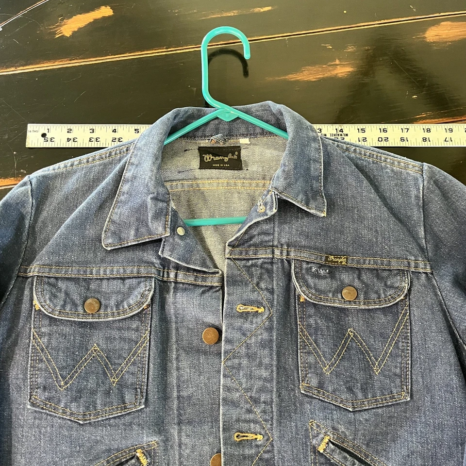 Chaqueta Denim Wrangler Años 70 De Colección Talla 38 Pequeña Cuerda Escritura Etiqueta Negra Ribete Foto 4 de 4