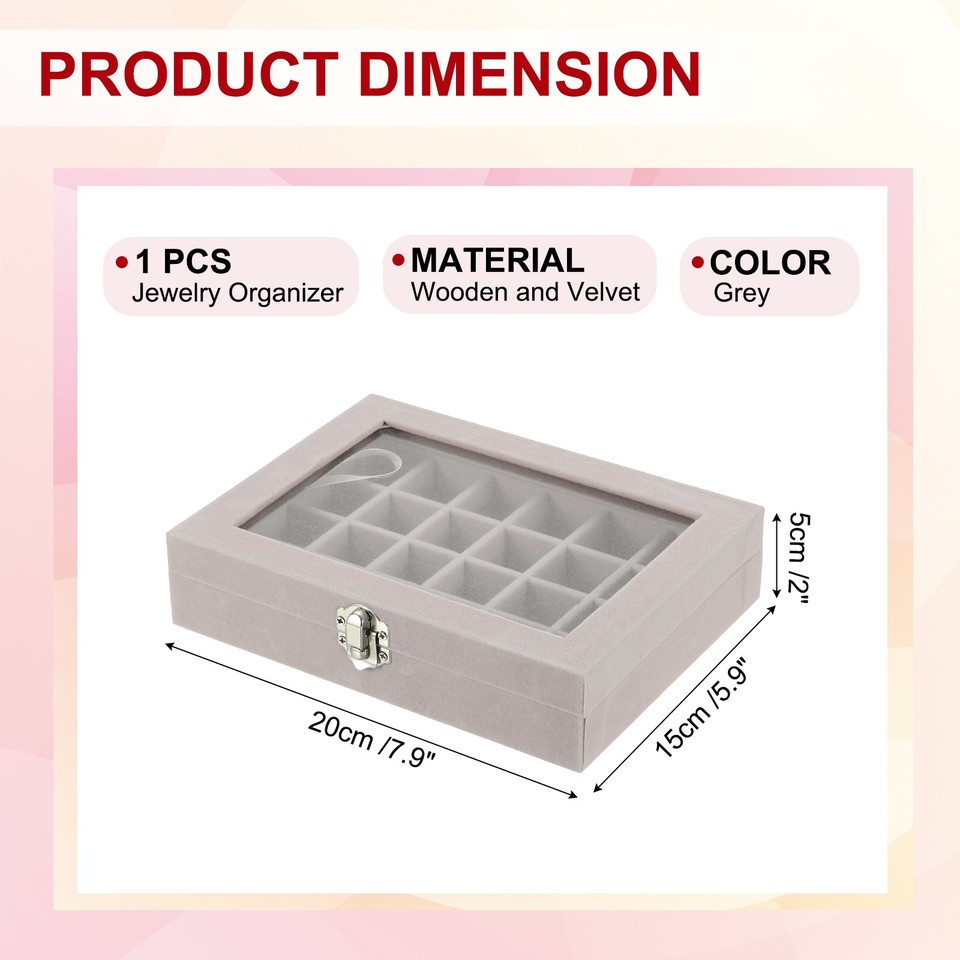 7 Slots Velvet Ring Jewelry Box Organizer 24 Grid with Glass Lid, Grey ...