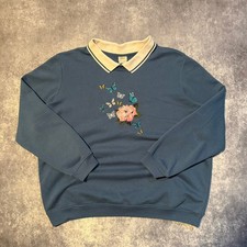Vintage Granny Floral Butterfly Collared Sweatshirt Embroidered Blue XX Cute